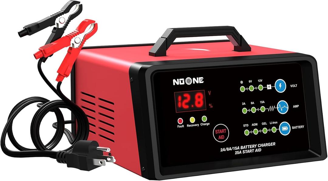 NOONE Smart Car Battery Charger: 2/8/15A Battery Chargers 6V/12V Boat Battery Chargers with Engine Start, Metal Shell, Winter Mode, Suitable for AGM, EFB,AGM, Lead Acid, Lithium (LiFePO4) Batteries