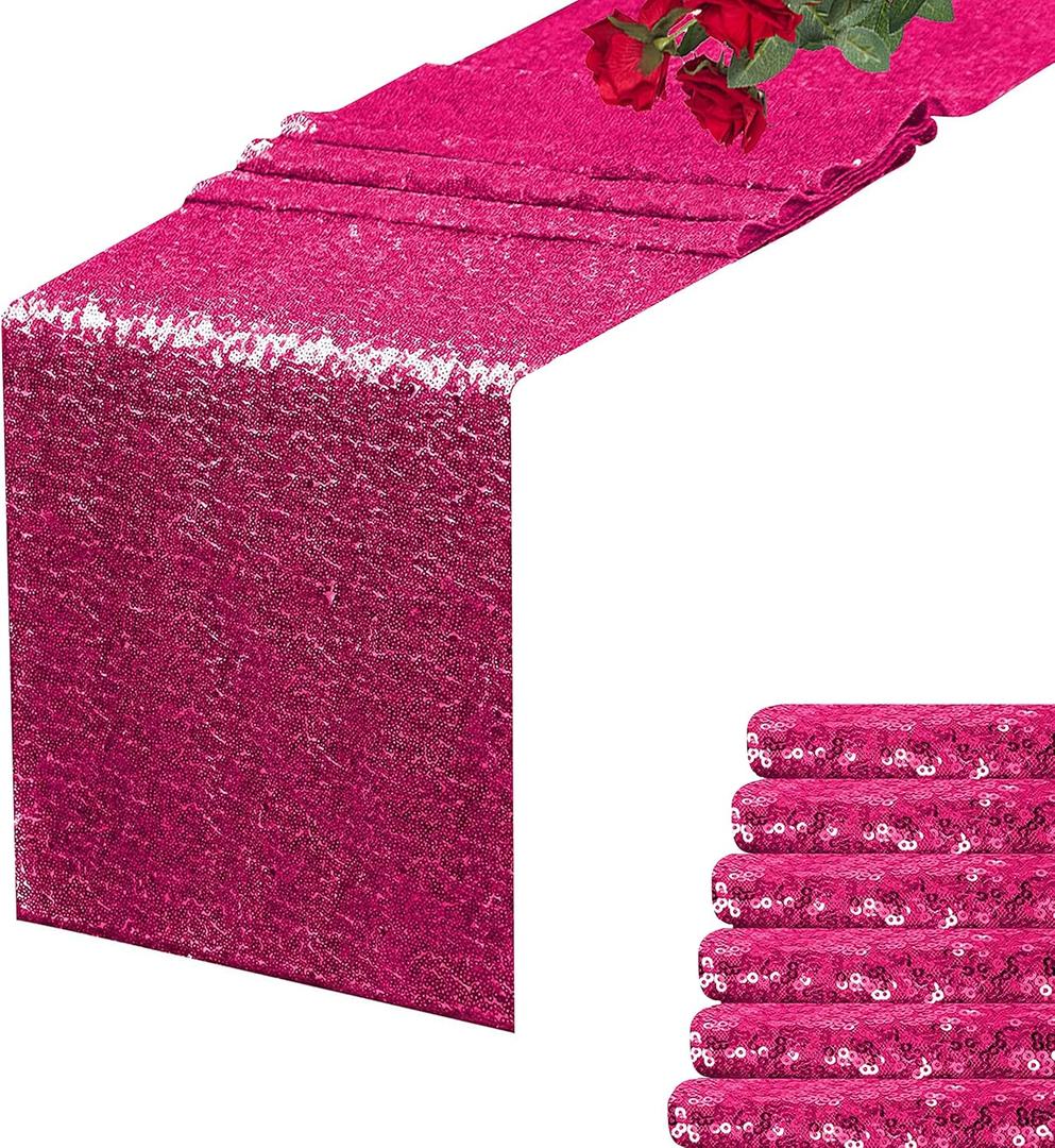 Hot Pink Sequin Table Runner 12" x 72" Pack of 6 Sequin Table Cloth Runner Glitter Table Runner for Party Decor Glitter Party Supplies Fabric for Baby Shower Event Table Decor