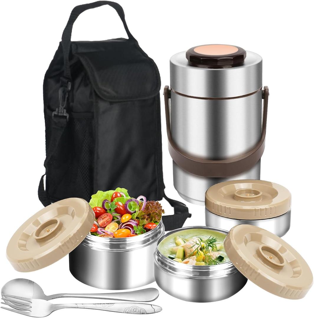 SSAWcasa 3-Layer Insulated Lunch Box for Men, Adult Soup Thermos, Leakproof Insulated Hot Food Jar Container, Stainless Steel Thermal Bento Box Lunch Bag Cutlery for Office Worker Trucker Picnic (67oz, Silver)