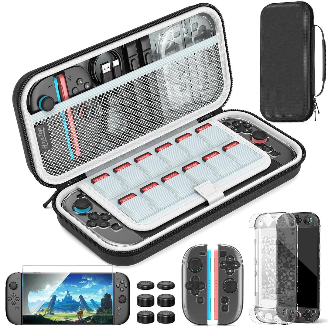HEYSTOP Switch 2 Accessories Kit 2025 Upgraded ,Carrying Case for Nintendo Switch 2, Protective Switch 2 Cover with HD Screen Protector, Portable Travel Case with 12 Game Slots & 6 Thumb Grips, Black
