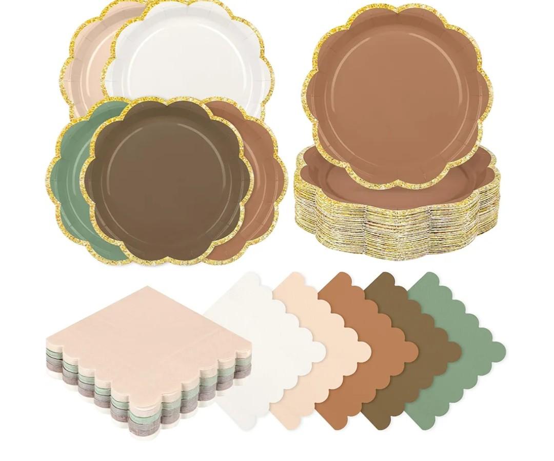 Woodland Baby Shower Decorations - 100pcs Sage Green and Brown Forest Scalloped Plates and Napkins Set for Birthday, Baby Shower, Wedding
