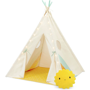 B. Spaces – Kids’ Play Tent – Indoor Play Tent – String Lights & Sun Pillow – Cotton Canvas Tent for Reading, Games – 3 Years + – Happy Hideaway