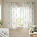 Floral Curtains 63 Inch Length for Living Room Bedroom, Blue Green White Pattern Linen Semi Sheer Light Filtering Pinch Pleated Drapes 63 Inches Long 2 Panels Set