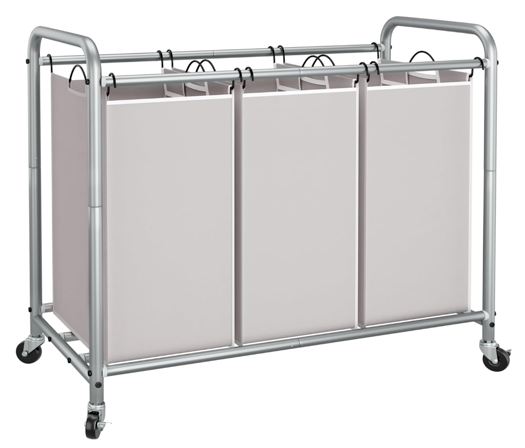 STORAGE MANIAC 3 Section Laundry Sorter, 35.9 Gal (136 L) Laundry Hamper Cart with Heavy Duty Rolling Lockable Wheels and Removable Bags, Clothes Organizer Basket Clothes Separator Hamper, Beige