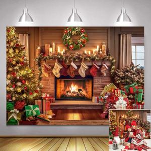 7x5FT Christmas Fireplace Photography Backdrop Vintage Xmas Tree Stocking Decorations Background Christmas Holiday Kids Portrait Family Party Photo Booth Props