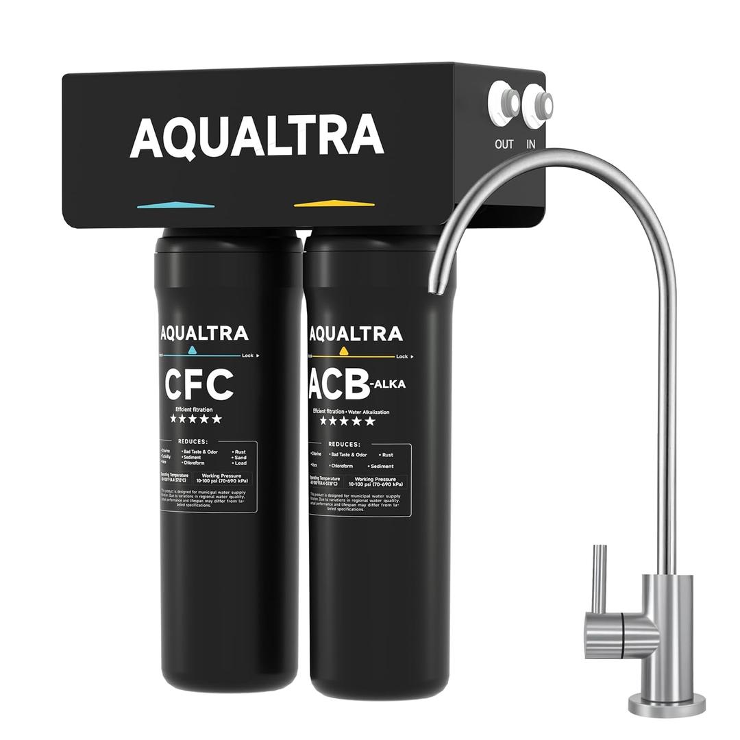 AQUALTRA USF-2F-10 Slightly Alkaline Under Sink Filter System, 20K Gal with Faucet, Reduce PFOA, PFOS, Chlorine, Lead, Mercury, Chloramine, Fluoride, Microplastics Particles, Bad Taste & Odor