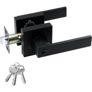 JO.KO Entry Door Lever with Lock and Key,Matter Black Exterior Door Handle for Office and Front Door, Square Style Reverisble Bedroom Door Knobs with Lock