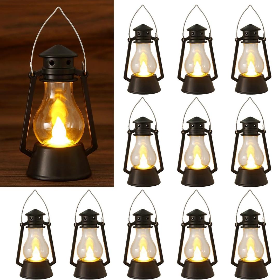 12Pcs LED Mini Vintage Lantern Decor Indoor Decorative Outdoor Hanging Lantern Decorative Small Candle Lanterns Farmhouse Decor for Wedding Centerpiece,Halloween,Christmas,Farmhouse Decorative (Black)