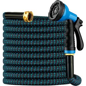 Expandable Garden Hose 50 ft with 10 Function Spray Nozzle, Flexible, Kink Free, Leak-Proof, Ultra Lightweight Retractable Stretch Water Hose 50ft for Yard, Lawn, Car Wash and Outdoor (Black & Blue)