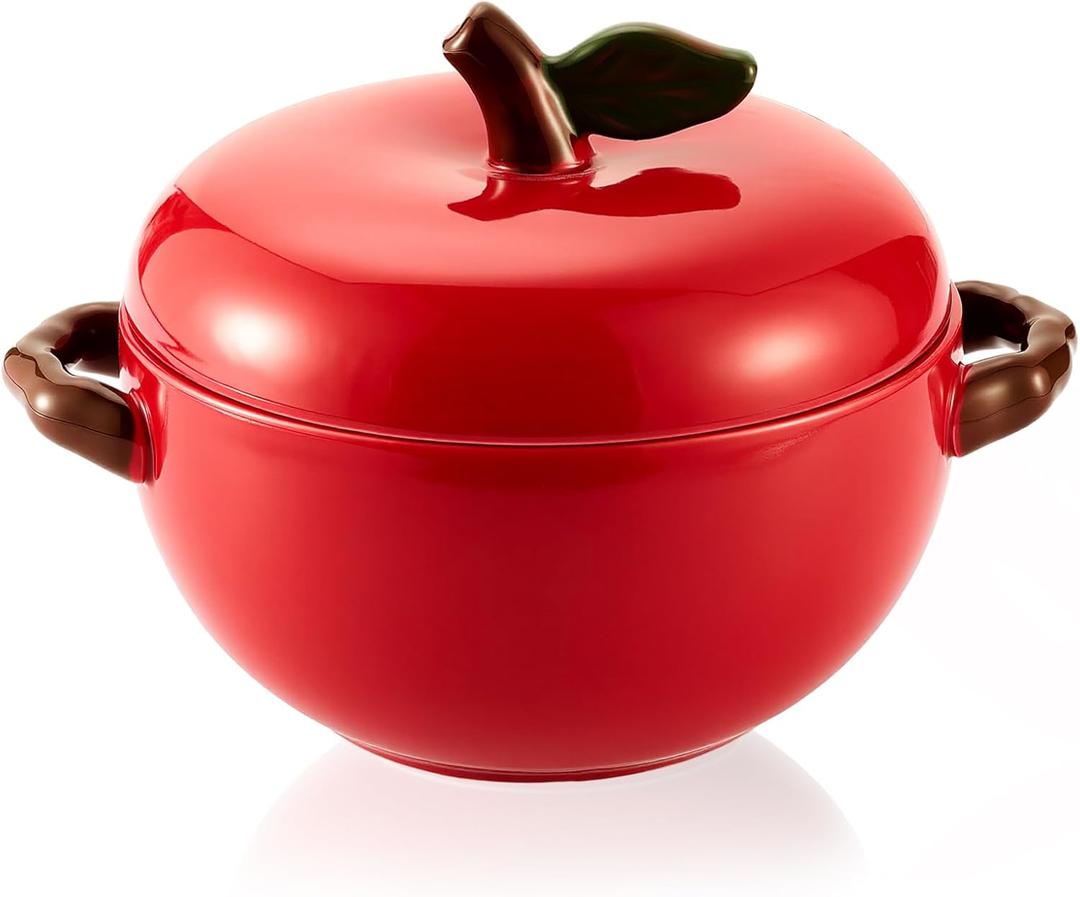 25 oz Apple Ceramic Ramekin with Lids and Handles Oven Safe, Mini Red Porcelain Casserole Dishes for Home Baking Souffle Creme Brulee, Kitchen Decor Gift