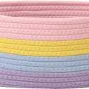 Woven Basket,Small Rope Storage Bin with Handles & Ribbon Bag, Organizer for Shelves Closets,Gift Basket Empty for Birthday,Books,Dog Toys, Rainbow (1 Pack)
