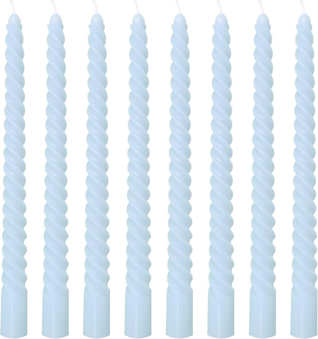8 Pack 10 Inch Baby-Blue Spiral Taper Candle Set, 7/8 Inch Unscented Driples Candlesticks for Home Decoration, 6-7 Hours Burn