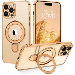 14 Pro Max Case with Stand, Magnetic Clear Cases Plating Edge Invisible Ring Holder Slim Shockproof Protective Kickstand Phone Case for iPhone 14 Pro Max  Desert Titanium Gold