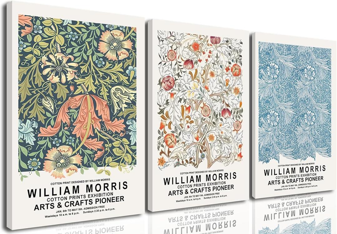 William Morris Wall Art Set of 3 Vintage Botanical Wall Decor Nature Flower Exhibition Posters Retro Plant Canvas Prints Paintings for Living Room Bedroom Kitchen Home Decor 12x16 Inch Framed (Light)