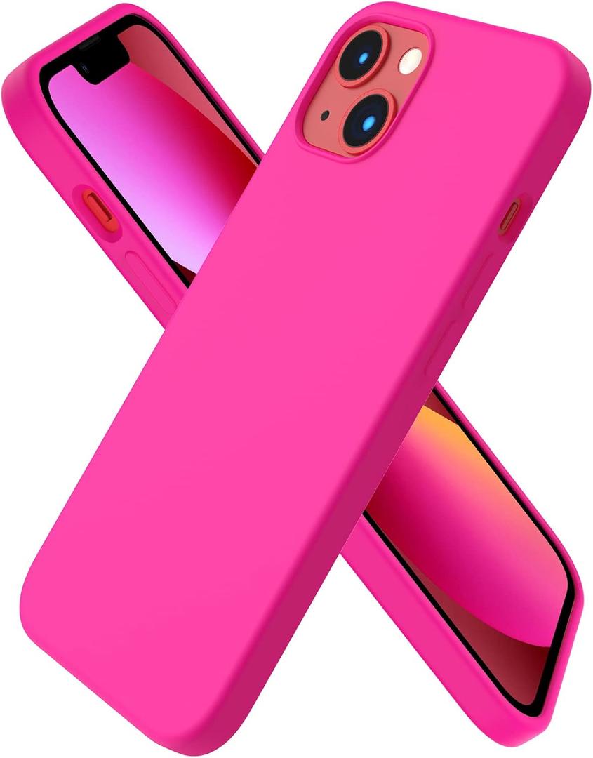 ORNARTO Compatible with iPhone 13 Case 6.1, Slim Liquid Silicone 3 Layers Full Covered Soft Gel Rubber Phone Case Protective Cover 6.1 Inch-Hot Pink