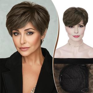 RUWISS Short Hair Toppers for Women Real Human Hair, 5x5.5 Base Pixie Cut with Bangs, Clip-In Curly Hair Pieces for Women with Thinning Hair, Brown (H6269)