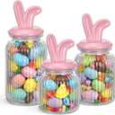 Potchen Easter Glass Jars with Airtight Lids Set of 3, 22oz, 34oz & 44oz Large Cookie Jar Set, Clear Candy Storage Canisters for Easter Party Gift Table & Countertop Decoration