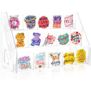 Acrylic Sticker Display Stand with Divided Pockets, Portable Bookmark Holder Tiered Display Stand, Clear Desk Organizer for Home, Retail or Craft Fair Use (15 Pockets, 3 Tier)