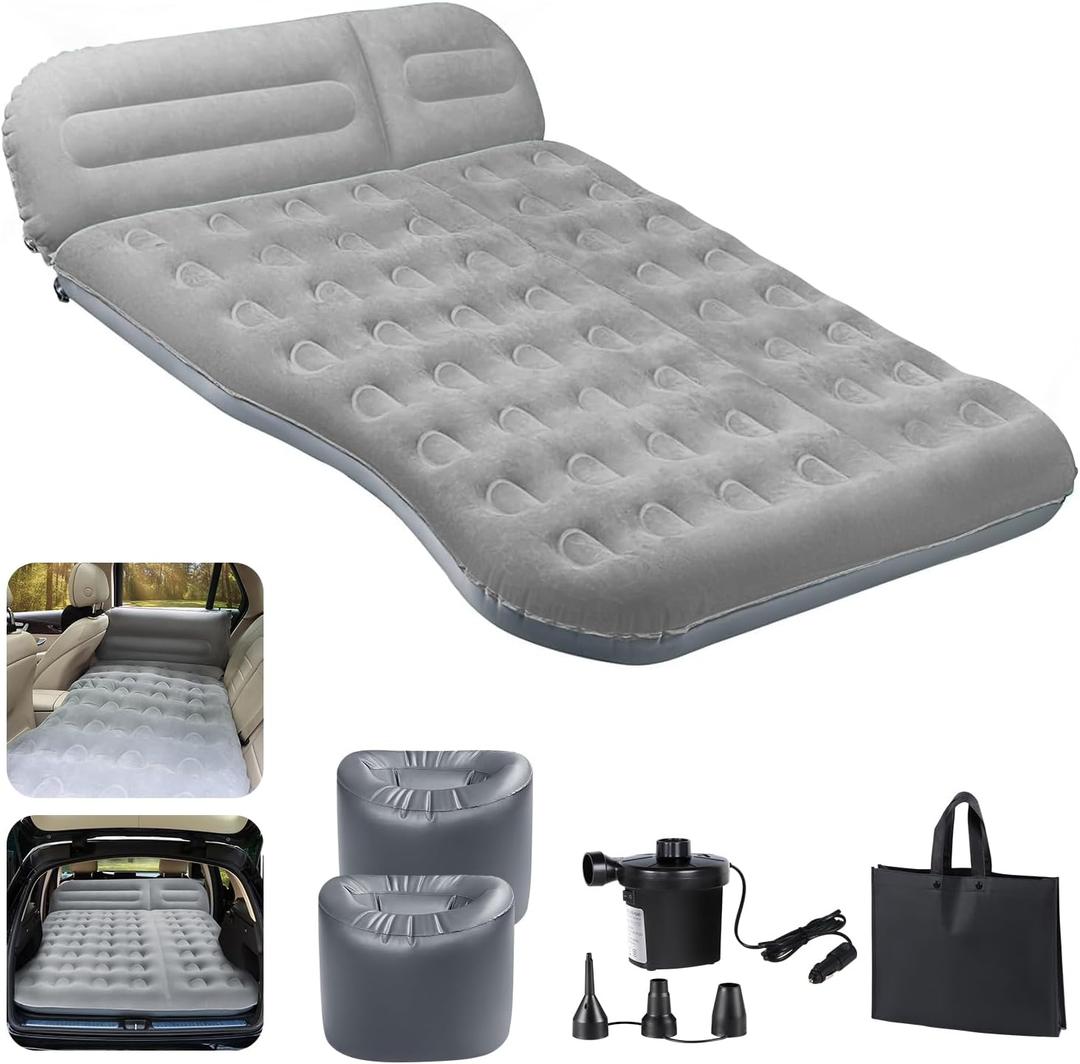 SUV Air Mattress,Thickened Flocked Camping Bed for Car,Includes Electric Pump & 2 Foot Pedals,Portable Inflatable car Mattress (Gray) (Grey With Pedals)