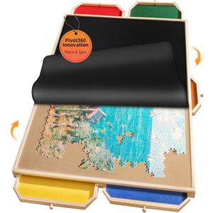 2000 Rotating Puzzle Board Pro, with 6 Drawers, Rubber Cover Mat, 40" x 29", 360 Lasy Susan, Sort-Wise Colorful Felt Drawers & 4 Trays, Wooden Jigsaw Puzzle Table, Birthday Gifts for Mom (Multicolor)