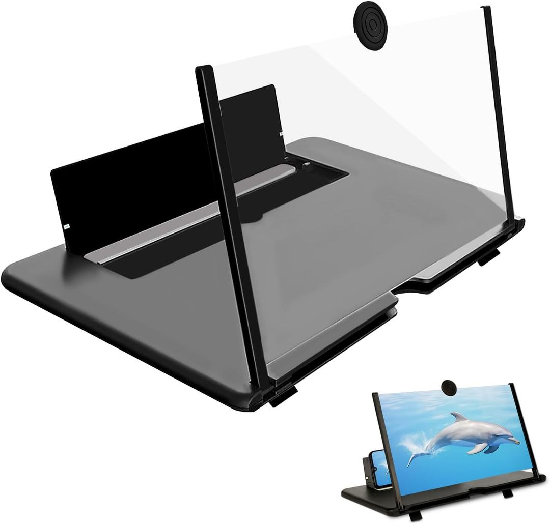 12" Screen Amplifier for Cell Phone, 3D HD Amplifier Projector Horizontal Screen Enlarger for Movies, Videos, Foldable Cell Phone Stand with Screen Amplifiers, Supports All Smartphones (Black, 12inch)