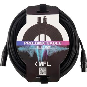 MFL. 50 ft Flexible DMX Cable 22AWG 3 Pin Signal (XLR Compatible) Male to Female Wire for Stage Lighting DJ Lights, 110 Ohms Impedance, Black, Pack of 1