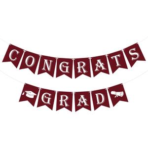 Maroon Graduation Banner Congrats Grad Banner with Graduation Cap Sign (Assembled) - Red Congratulation Grad Garland Party Decorations Supplies to Celebrate the Class of 2025