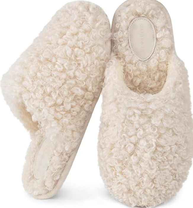 Snug Leaves Women's Scuff Slippers Furry Cute Curly Faux Wool Slip-on Indoor Memory Foam House Shoes 9-10