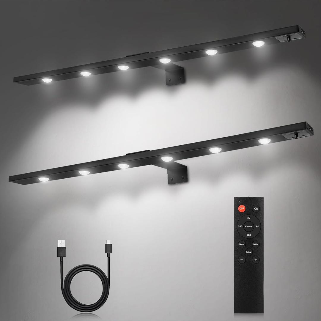2Pack Battery Picture Light with Remote 22'',Wall Paintign Light with 3 Lighitng,Metal Artwork Lights with Dimmable Timer Auto-Off, Rechargeable Gallery Dispaly Light for Picture Light with 500lm (Black)
