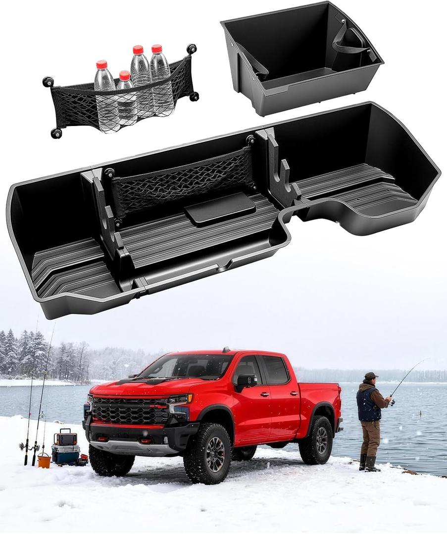 Truck Underseat Storage for Silverado Sierra: 2019-2026 Crew/Double Cab, Rear Under Seat Organizer Tool Box Car Accessory for Chevy Silverado & GMC Sierra 1500 2500HD 3500HD (w/ Detach Bin & Mesh Net)