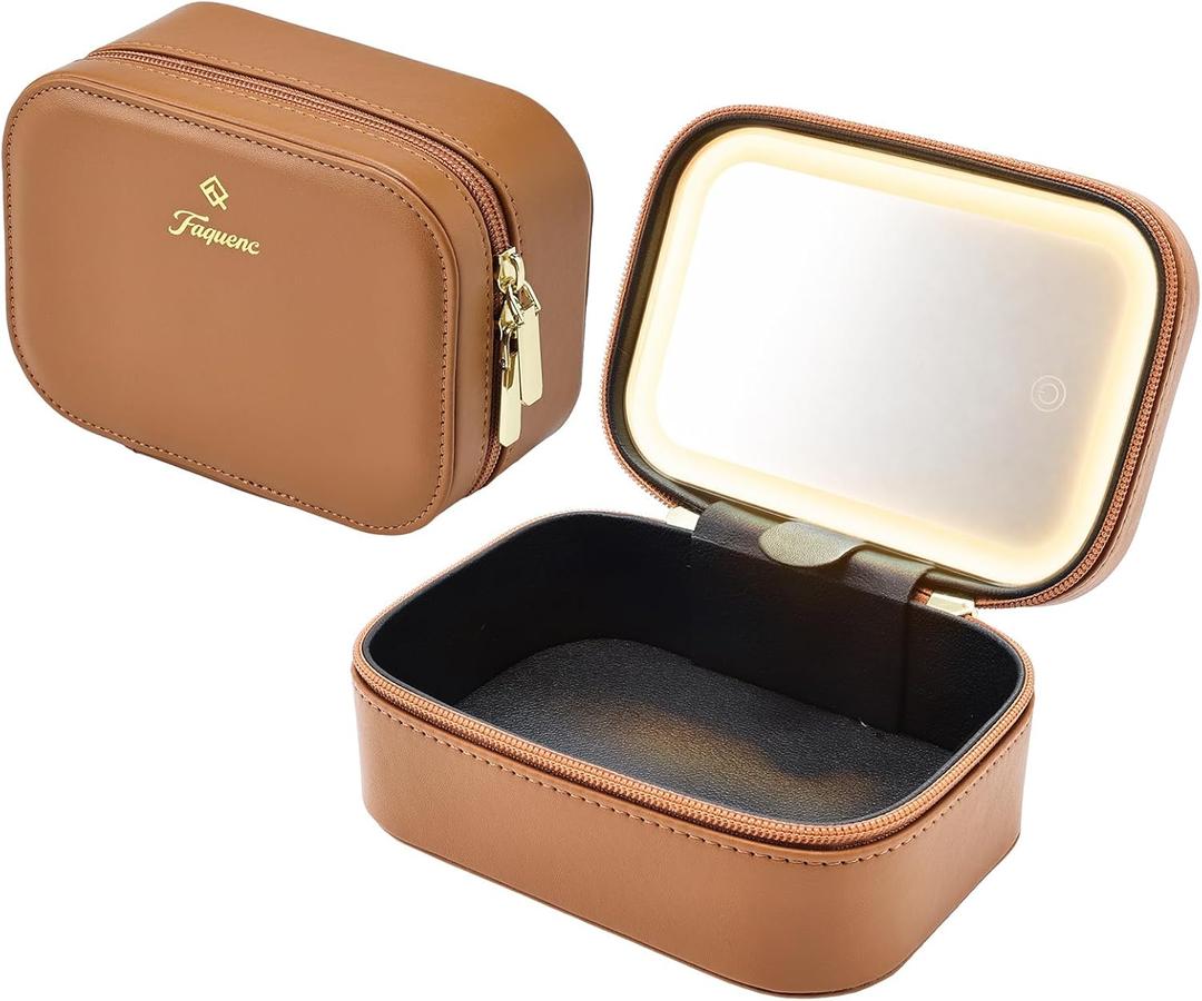 Faquenc Leather Travel Makeup Bag with LED Lighted Mirror Adjustable Brightness in 3 Colors Mini Cosmetic Bag Portable Makeup Pouch Travel Toiletry Bag for Women Instant Touch-up Vanity Brown