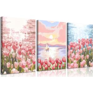 Pack of 3 Pink Tulip Floral Canvas Wall Art Seaside Scenery Wall Decor Pictures Trendy Preppy Room Decor Aesthetic Posters Prints for Living Room Bedroom Girls Dorm Decoration 12x16in