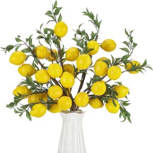 Giegxin 15 Pcs Artificial Lemon Decor 19 Inch Fake Lemons Branch Decoration Vivid Yellow Lime Branches 5 Head Faux Lime with Stem Decorations for Kitchen Table Vase Home Farmhouse Party