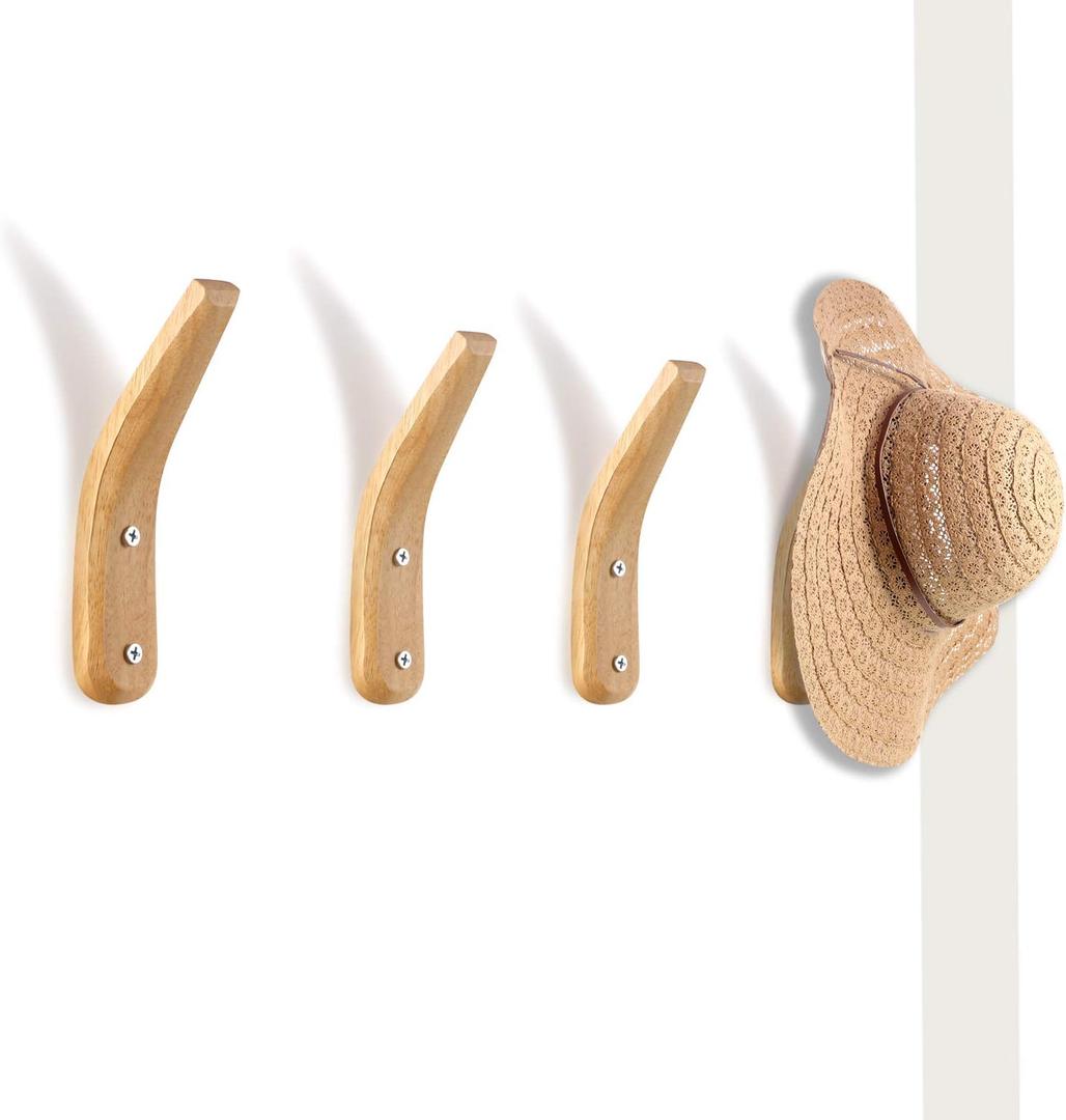 Boao 4 Pieces Wood Hooks for Towels Wall-Mounted Natural Wood Wall Hanger Unique V Shape Wall Mount Storage Coat Rack for Hanging Coats Hats Bags(Wood Color)