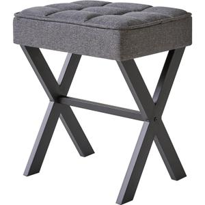 Square Makeup Stool with X-Leg Foot Rest, Linen Footrest, Ottoman Seat, Multi-Use as Small Side Table, for Bedroom, Living Room, Dark Gray LG-70G (17.72"-Linen)