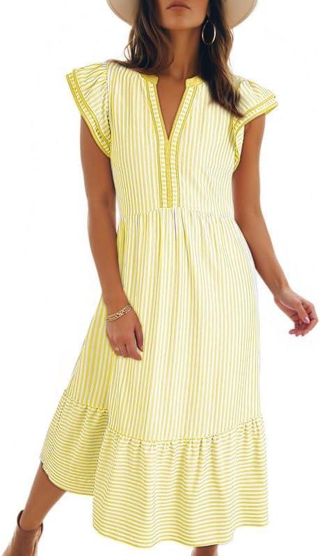 Dokotoo Sundresses for Women V-Neck Ruffle Cap Sleeve Empire Waist Side Pockets Striped Long Dress Vacation Outfits Summer Dress Yellow Large