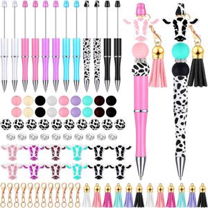 Tinlade 12 Pieces Beadable Pens Bulk with 50 Pcs Assorted Colors Beads Pens DIY Making Kit Multicolor Ballpoint Black Ink for Women Office(Cow Style)