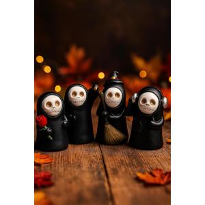 Mini Grim Reaper Figurines Set of 4  Small Gothic Bookshelf & Halloween Decor  Cute Resin Figures for Tabletop Displays, Collectors & Gift Giving