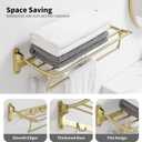BESy Towel Racks with Foldable Towel Bar Hooks, Wall Mounted Brushed Gold | 24 Inch Bathroom Towel Shelf Holder, Multifunctional Storage Bathroom Accessories, Double Towel Bars, Rust-resistant Metal