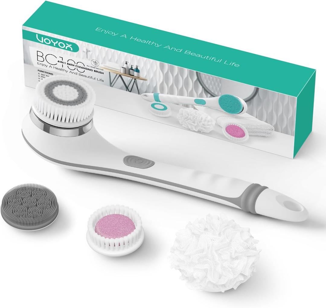 VOYOR Electric Body Brush Back Scrubber for Shower Rechargeable Exfoliating Bath Brush Powered Shower Brush with Non-Slip Long Handle Deep Cleansing, Exfoliation, Massaging Spin Brush BC100 (Grey)