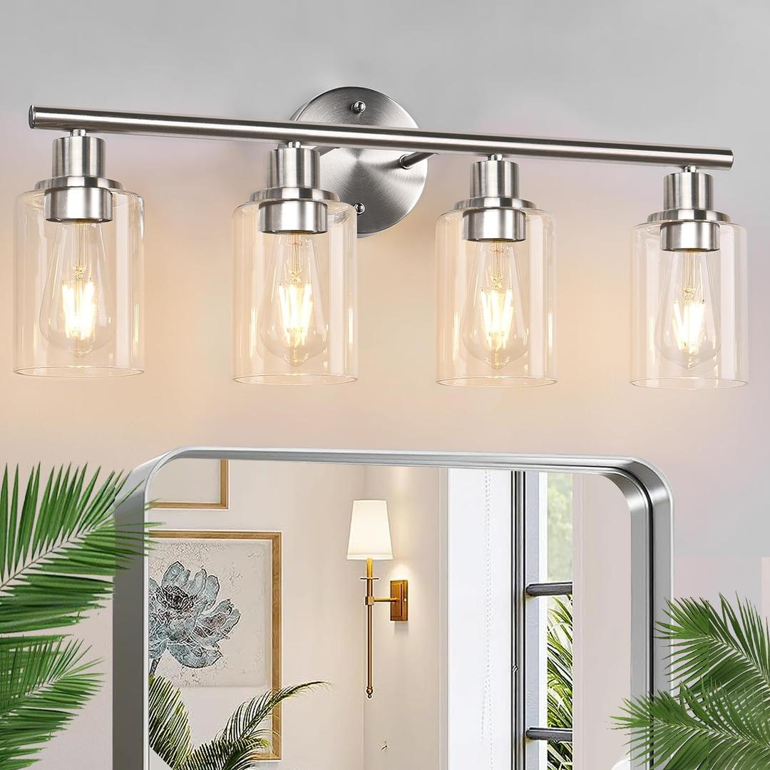 4Light Bathroom Light Fixtures, Brushed Nickel Modern Vanity Lights Over Mirror with Clear Glass Shade, Bathroom Wall Lamp for Mirror Kitchen Living Room Hallway Cabinet Porch Bedroom Reading room