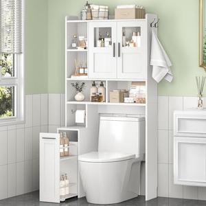 ELYKEN Over The Toilet Storage Cabinet with Acrylic Doors & Pulley, White | Pull-Out Cabinet, Toilet Paper Holder, Side Hooks, Adjustable Shelf, Anti-Tipping, Space-Saving Bathroom Storage Cabinet