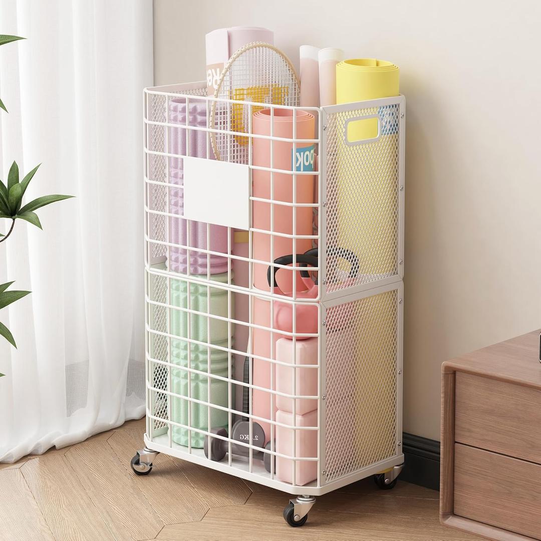 UMDONX Yoga Mat Storage Rack with Wheels – Metal Rolling Organizer Basket with Handles, Breathable Mesh Steel Rack for Yoga Mats, Towels, Blankets, White