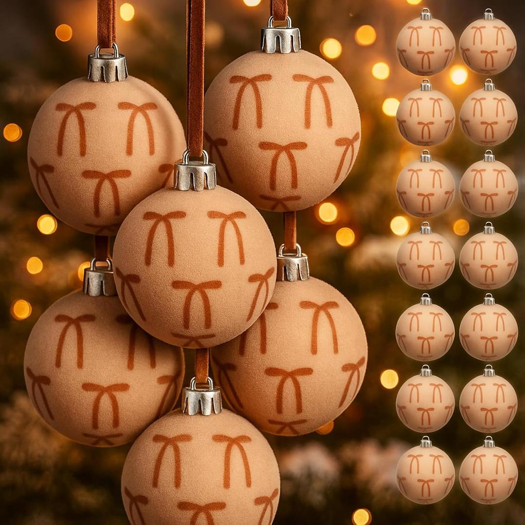 24 Pack Velvet Christmas Ball Ornaments 60mm/ 2.36'' Bow Christmas Tree Decorations Xmas Ornaments for Tree Home Coquette Room Birthday Party Front Door Wedding Holiday Decor (Brown)