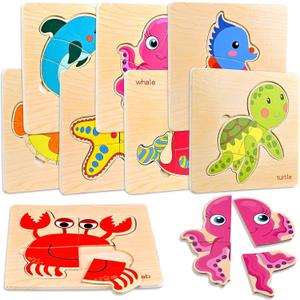 8pcs Wooden Puzzles for Toddlers 1-3, Toddler Puzzles, Montessori Toys for 1-3+ Years Girl Boy, Sea Animal Puzzle for Kids, Jigsaw Puzzle Educational Toys Preschool 