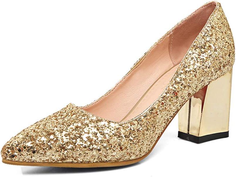 Women's Sparkling Glitter Chunky Heel Closed Toe Pumps Comfortable Mid Block Heel Slip-on Classic Party Dress Shoes (6, Gold)
