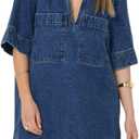 Fisoew Womens Denim Shirt Dress Summer Collared V Neck Mini Casual Jean Dresses with Pockets (X-Small, Khaki)