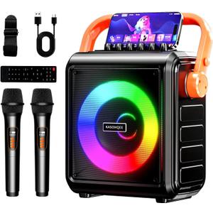 Karaoke Machine,8000mAh Portable Bluetooth Speaker with 2 Wireless Microphones for Adults & Kids,Microphone Speaker Set with Lights,Supports for TF Card/USB, AUX in, FM, REC