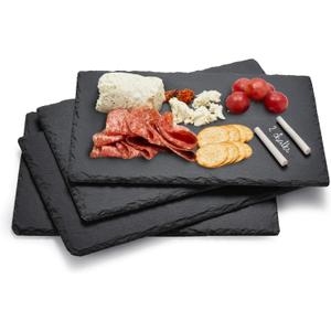 Bruntmor Slate Cheese Boards with 2 Chalks - Black Stone Plates - Slate Platter Tray - Charcuterie Boards - Display Chalkboard for Charcuterie, Meat, Cake - Set of 4 - Black - 12'' x 8''