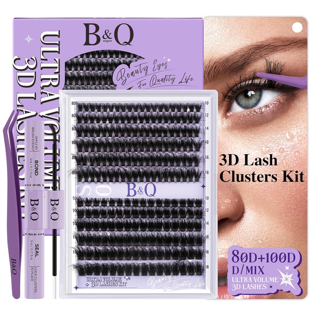 B&Q Volume Lash Clusters Kit 280PCS Lash Extension Kit Thick 3D Wispy DIY Eyelash Extension Set with Individual Lashes, Lash Bond and Remover,Tweezers(80D+100D)